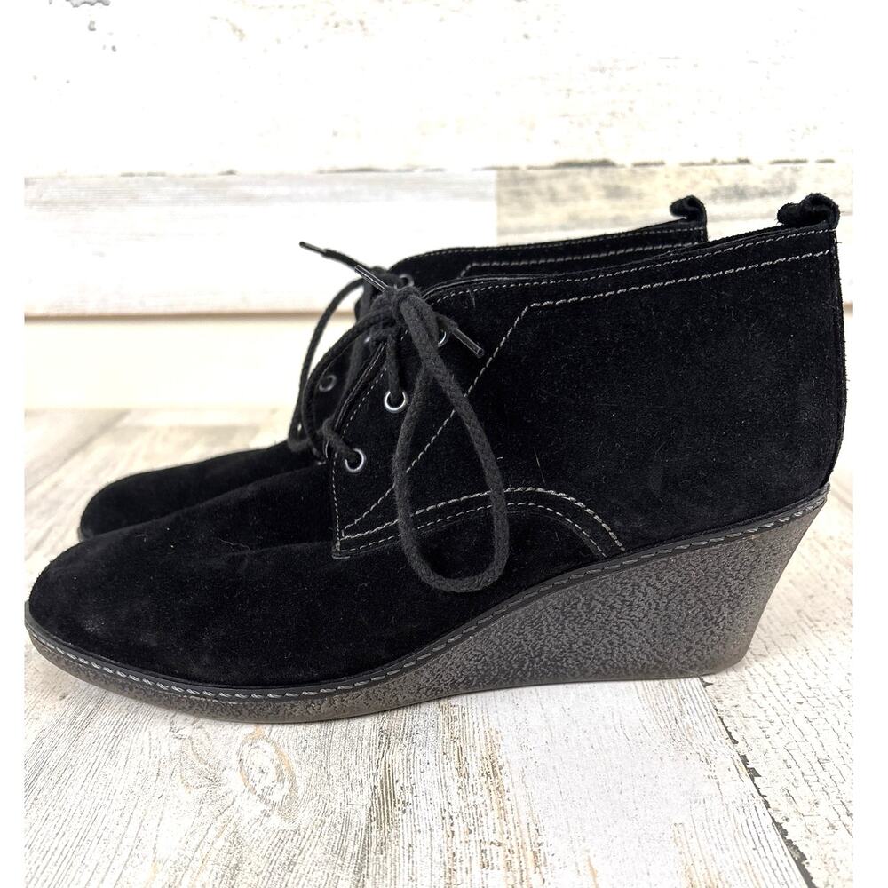 The Flexx Womens 9 Black Suede Wedge Ankle Boots Lace Up Comfort